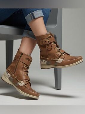 Sperry Top Sider Leather Upper Boots Lace Up Double Buckle Like New